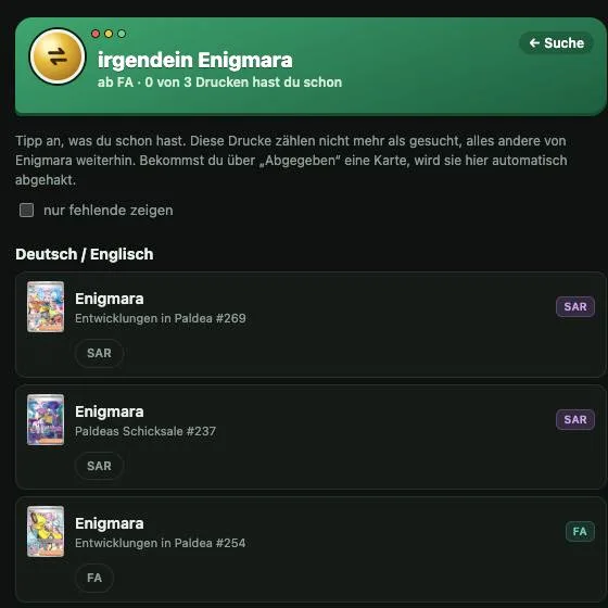 Liste aller Drucke eines Pokémon zum Abhaken