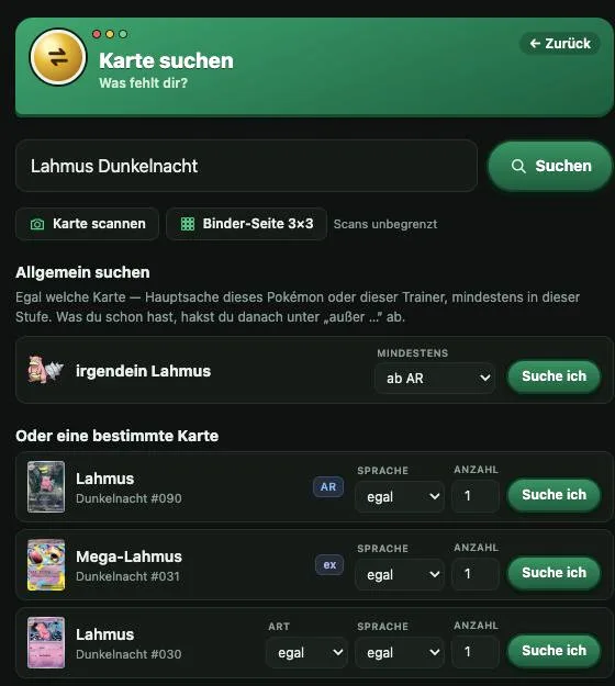Kartensuche mit Menüs für Art, Sprache und Anzahl